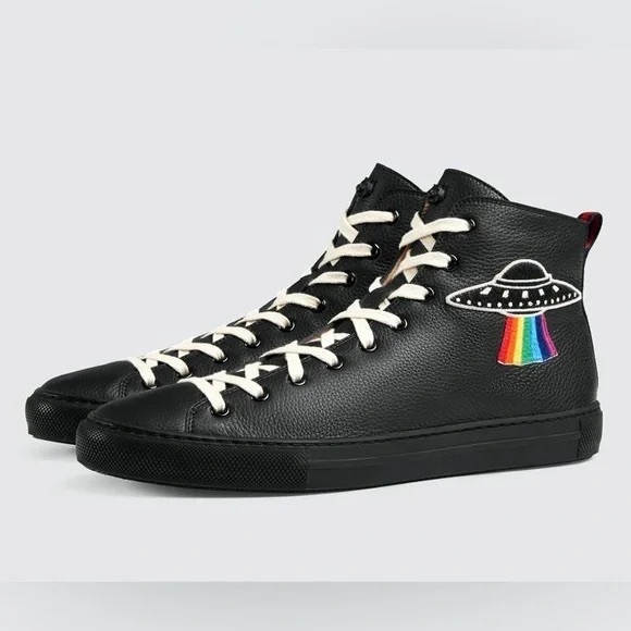Gucci 17-18SS UFO Angry Cat Wappen Leather High Cut Sneakers Black Size 11 - Picture 6 of 6